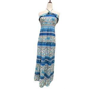 Mudd‎ Y2K Vintage Boho Blue Paisley Print Halter Top Maxi Dress size large